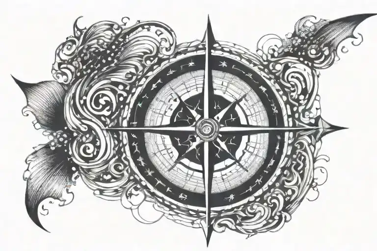 A combination of moon phases and water shapes waves forming a unique compass rose tattoo small lines tattoo design idea