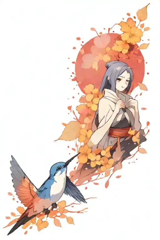 combine symbols the represent Konan and Pain anime characters in naruto, add a hummingbird , feminine tattoo design idea