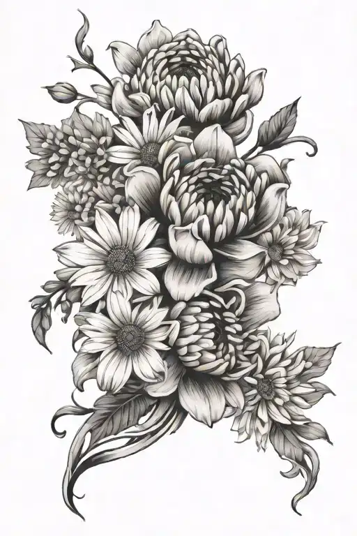 floral wrap arm tattoo with daisies, Chrysanthemums, narcissus tattoo design idea