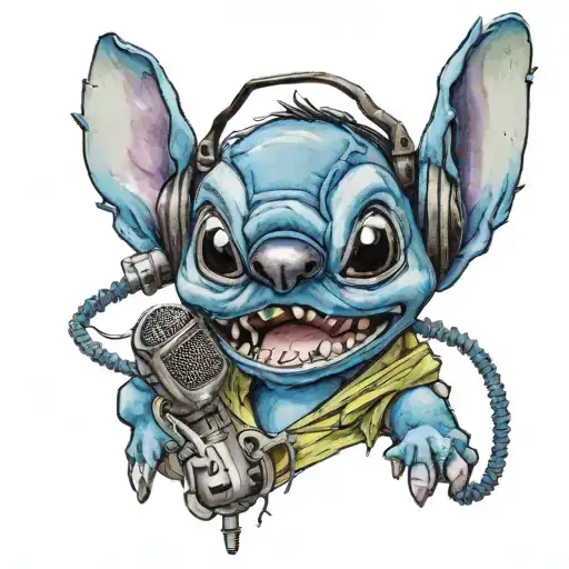 stitch, headphones, microphone in mouth   tattoo design idea