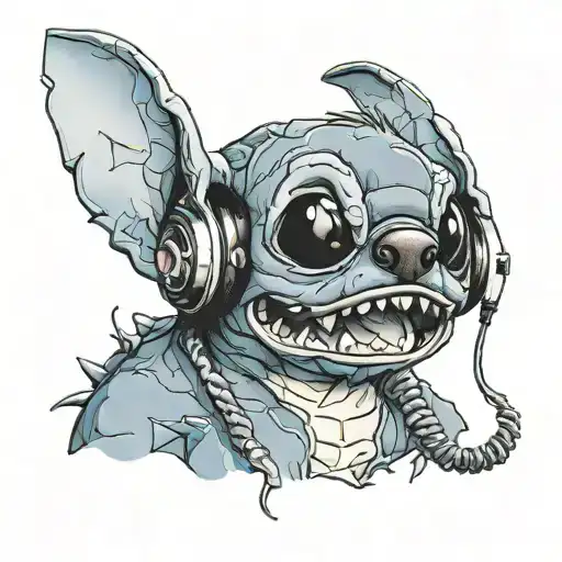 stitch, headphones, microphone in mouth   tattoo design idea