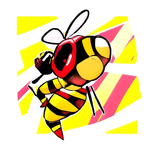 angry bee with red boxing gloves, angry face, black and yellow stripes on body. from back end sharp shine needle is redy tattoo design idea