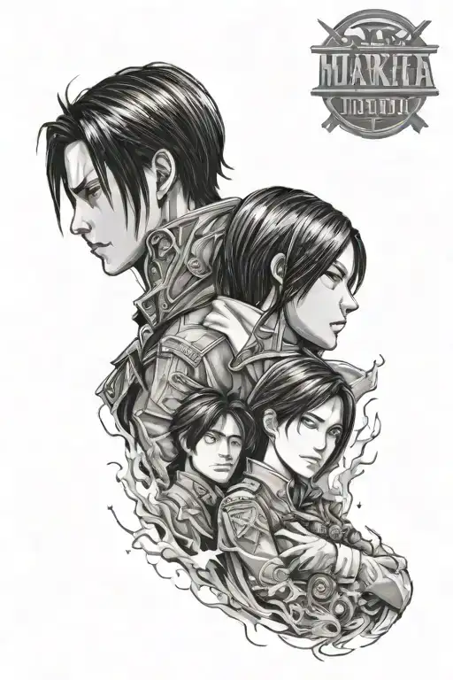 An intricate and detailed tattoo design showcasing Levi and Mikasa Ackerman in a portrait style, capturing their personalities from Attack on Titan tattoo design idea