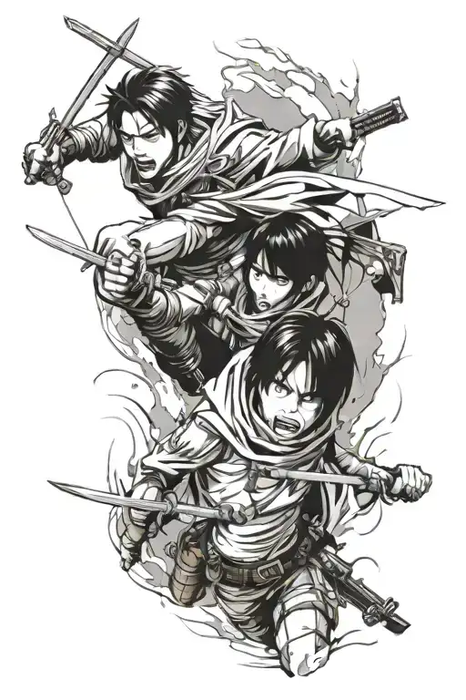 A dynamic and fierce tattoo design featuring Levi and Mikasa Ackerman in a battle scene from Attack on Titan tattoo design idea