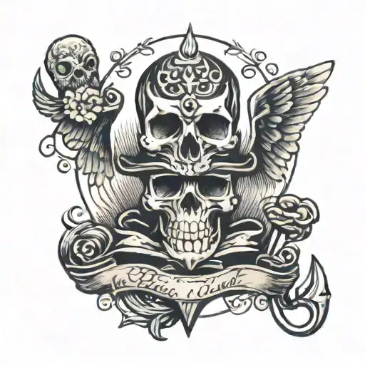 Skull, anchor, hourglass, owl perched tattoo design idea