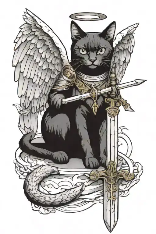 cat with angel wings and sword tattoo design idea