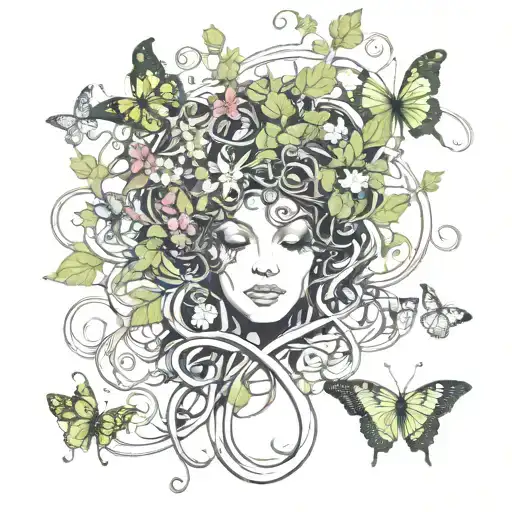 vines flower butterfly medusa tattoo design idea