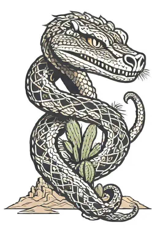 rattlesnake wrapped around arm, with desert background, containg coyote, mountains, and saguaro cactus tattoo design idea
