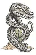 rattlesnake wrapped around arm, with desert background, containg coyote, mountains, and saguaro cactus tattoo design idea