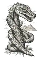 rattlesnake wrapped around arm, with desert background, containg coyote, mountains, and saguaro cactus tattoo design idea