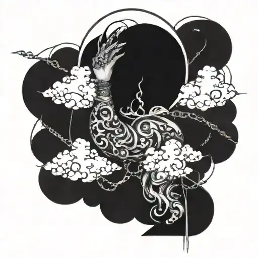 full sleeve, clouds, chains, moon on shoulder tattoo design idea