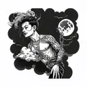 full sleeve, clouds, chains, moon on shoulder tattoo design idea