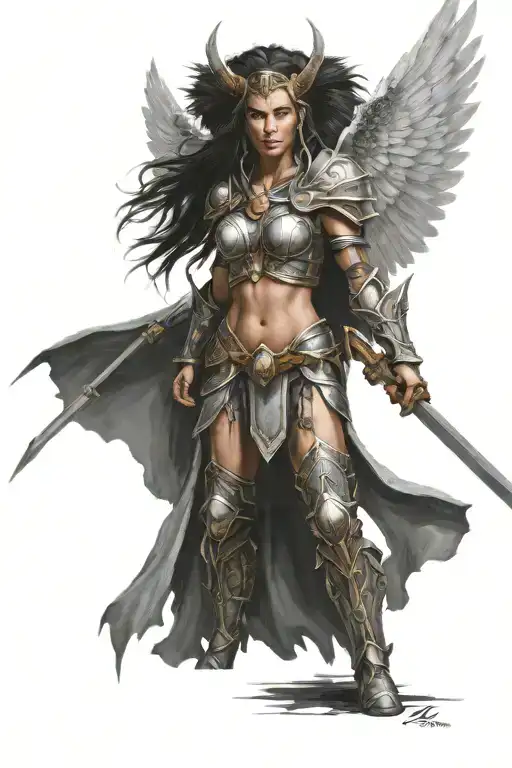 female valkyrie warrior woman, world of warcraft priest, wings tattoo design idea