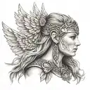 womans face, viking, wings tattoo design idea