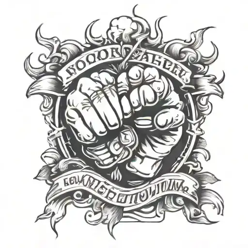 words saying it's not over until I win with mma fighter fists tattoo design idea