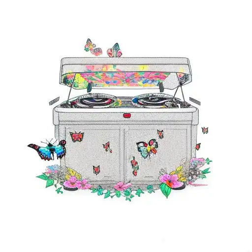 the words "Gump Dumpster" on a set of turntables in neon with butterflies tattoo design idea