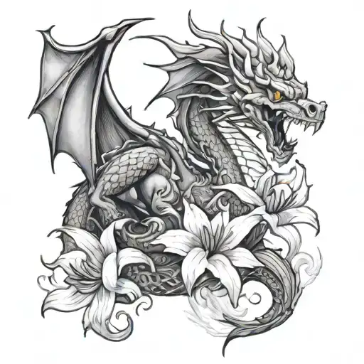 smoke and a dragon with spider lillies tattoo design idea