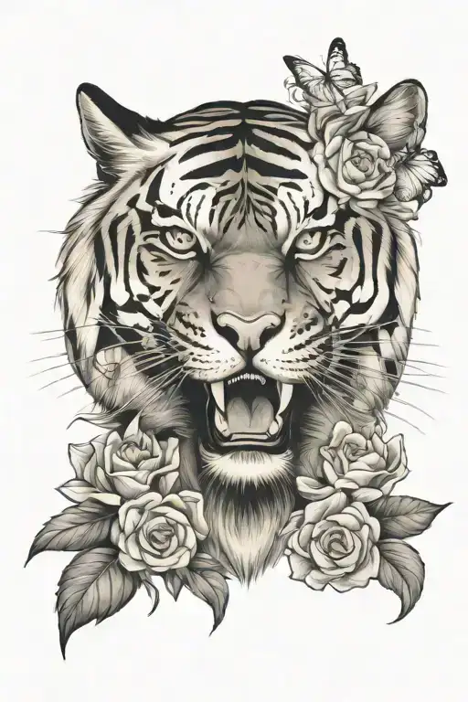 tiger with cat's scull cat with flowers tattoo design idea