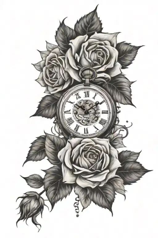 sunflowers, roses, pocket watch tattoo design idea