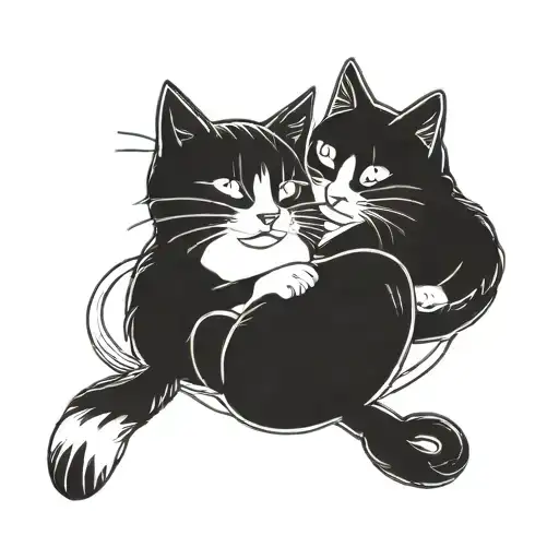 This tattoo shows two cute, cozy cats sitting together, with fine linework and minimal shading. Subtle color accents tattoo design idea
