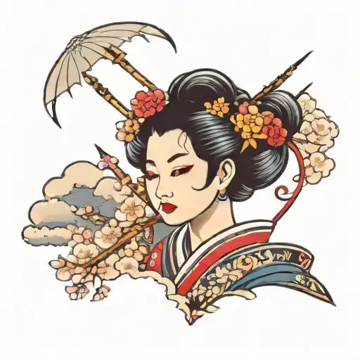 A traditional Japanese geisha holding a cherry blossom branch with arrows sticking out of it, with storm clouds in the background tattoo design idea