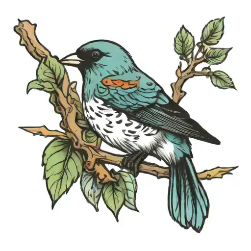 2 adult and 1 baby bird on a branch, looking up at 4 flying in the distance tattoo design idea