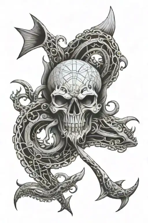 Trident of Poseidon with an octopus arm whrapped around it, some waves and a shark tattoo design idea