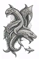 Trident of Poseidon with an octopus arm whrapped around it, some waves and a shark tattoo design idea