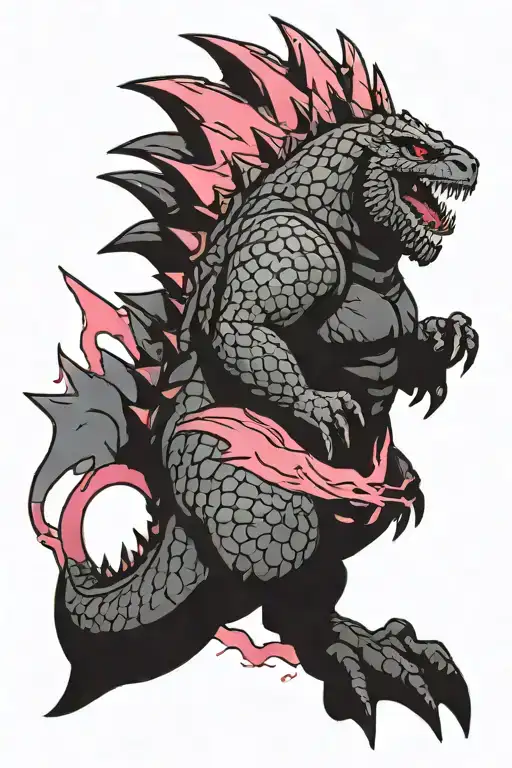 Godzilla side profile with pink highlights in his back spikes tattoo design idea