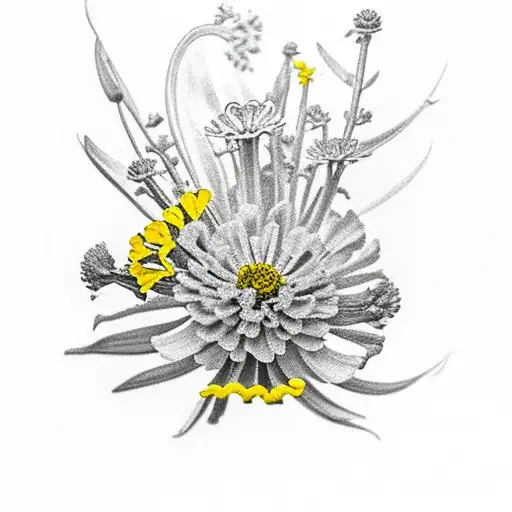 Yellow carnation, butterfly weed, chamomile, gladiolus and zinnia. Thyme leaves. Text "I am not afraid"  tattoo design idea