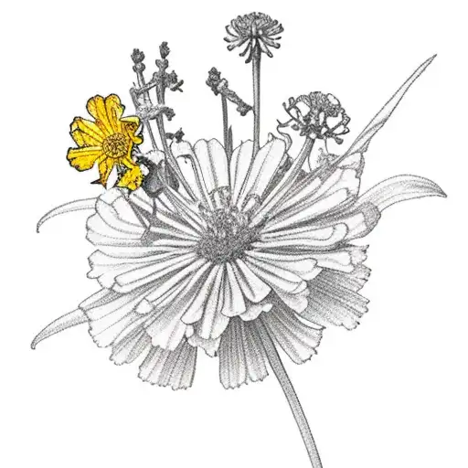 Yellow carnation, butterfly weed, chamomile, gladiolus and zinnia. Thyme leaves. Text "I am not afraid"  tattoo design idea