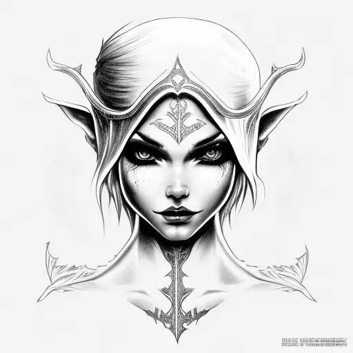 elf woman, black veins around eyes, long light hair, pirate  tattoo design idea