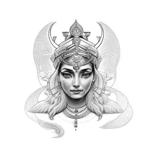 goddess Ishtar for a forearm for a man from the hand to the bend of the elbow voluminous and with the inscription Ishtar tattoo design idea