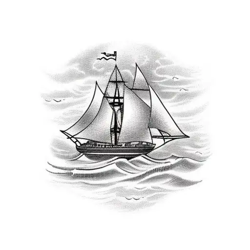 a ship sailing through choppy waters, in a rope frame with the words "Sail away sweet sister" in a scroll at the top tattoo design idea