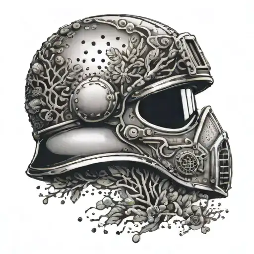A dotwork tattoo of a military helmet adorned with intricate nature patterns and water droplets tattoo design idea