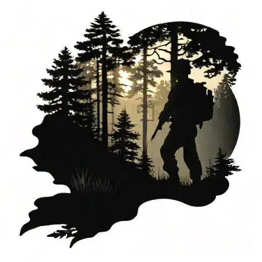 A silhouette of a soldier standing in a beautiful Canadian forest tattoo design idea