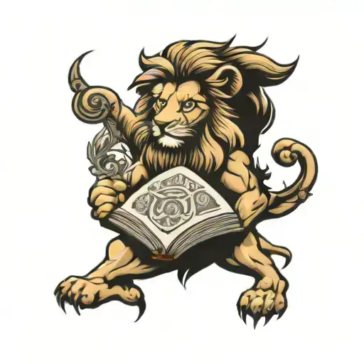 lion holding open book surrounded tattoo design idea