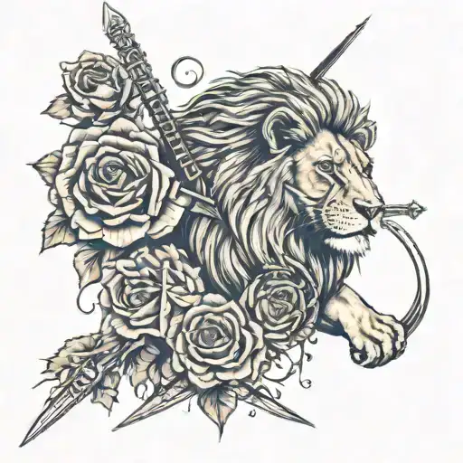 Detailed style with lots of shading with a lion and cross and scripture with an edgy back drop with roses and a sword. tattoo design idea