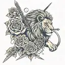 Detailed style with lots of shading with a lion and cross and scripture with an edgy back drop with roses and a sword. tattoo design idea