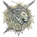Detailed style with lots of shading with a lion and cross and scripture with an edgy back drop with roses and a sword. tattoo design idea
