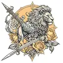 Detailed style with lots of shading with a lion and cross and scripture with an edgy back drop with roses and a sword. tattoo design idea