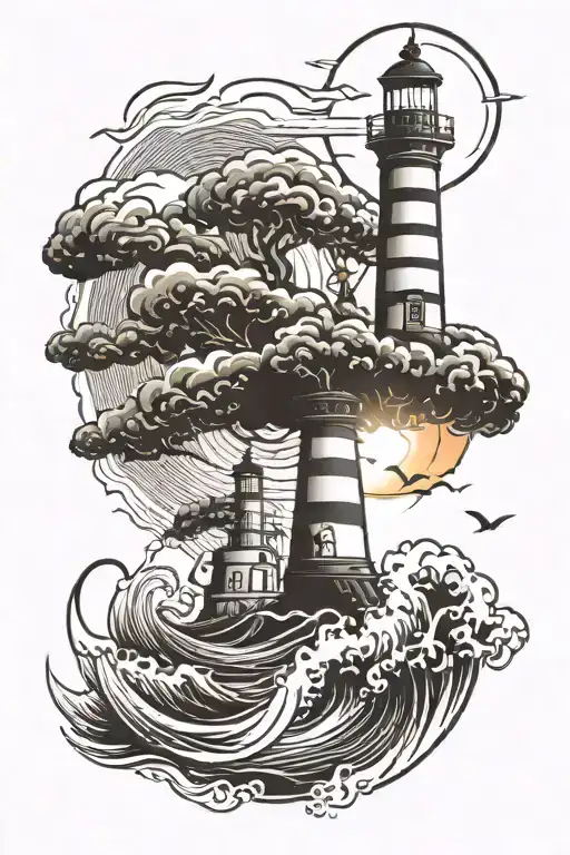 I want a tattoo of a lighthouse in a storm, waves and lightning, and a total solar eclipse in the background. tattoo design idea