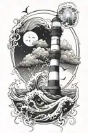 I want a tattoo of a lighthouse in a storm, waves and lightning, and a total solar eclipse in the background. tattoo design idea
