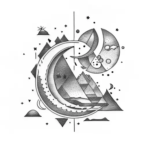 Consider a tattoo of a surreal, dreamy landscape with a vibrant night sky filled with stars and a crescent moon. In the  tattoo design idea
