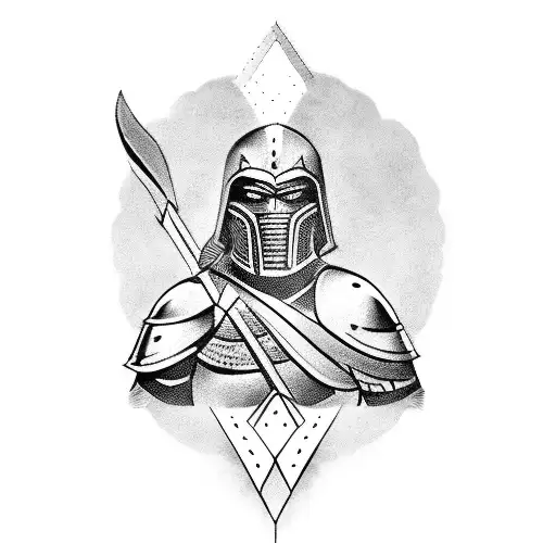 fine-line spartan warrior tattoo with child on shoulder tattoo design idea