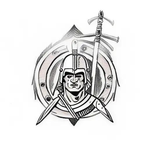 spartan warrior with spear and shield,  carrying a child on shoulder tattoo design idea