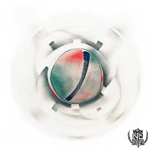 A minimalist tattoo of a rugby ball with soundwaves emanating from it, symbolizing the client's passion for both rugby and rock music. tattoo design idea