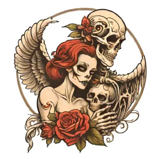 skeleton man and angel woman cuddling tattoo design idea