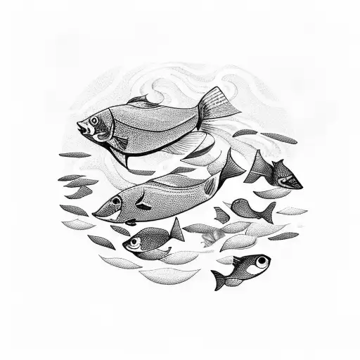 A serene underwater scene featuring a school of colorful fish swimming around a freediver, with a touch of sketch-like l tattoo design idea