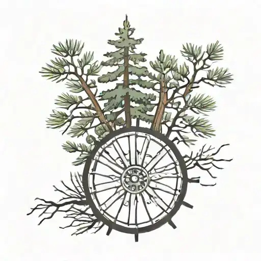 pine tree background and wagon wheel   tattoo design idea